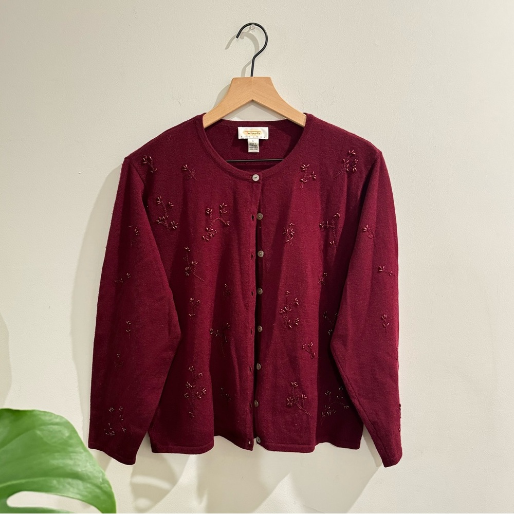 100% WOOL TALBOTS BURGUNDY EMBROIDERED CABINCORE CARDIGAN SIZE L